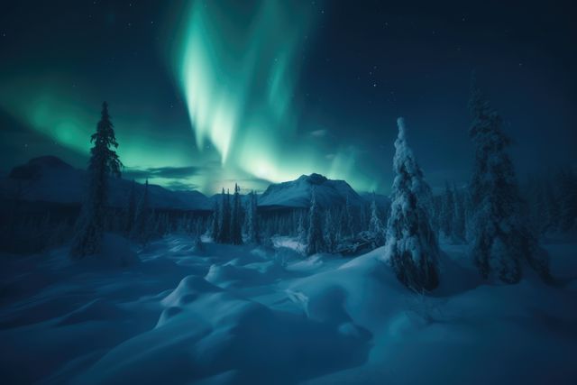 This dramatic winter scene captures the enchanting Northern Lights illuminating a serene snowy forest under a starry night sky. Ideal for use in travel-related content, winter outdoor adventure promotions, nature documentaries, atmospheric wall art or backgrounds in presentations or websites involving winter themes.