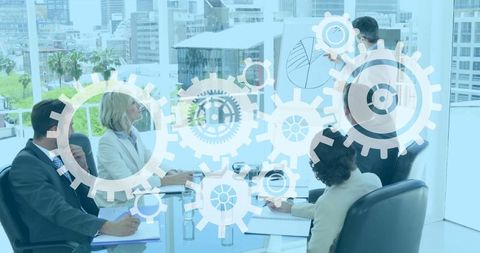 Corporate Team Analyzing at Bright High-Rise Office with Conceptual Gears