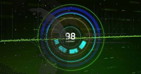 Pulsing neon HUD interface displaying 98 percent circular data dashboard with dynamic arcs