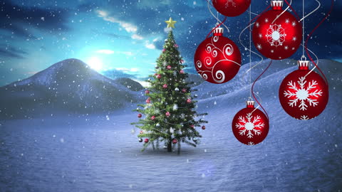 Christmas Tree Decorated with Ornaments in Snowy Wonderland