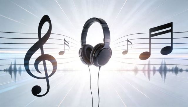 Floating black headphones amid radiating music notes, treble clef and audio waveform