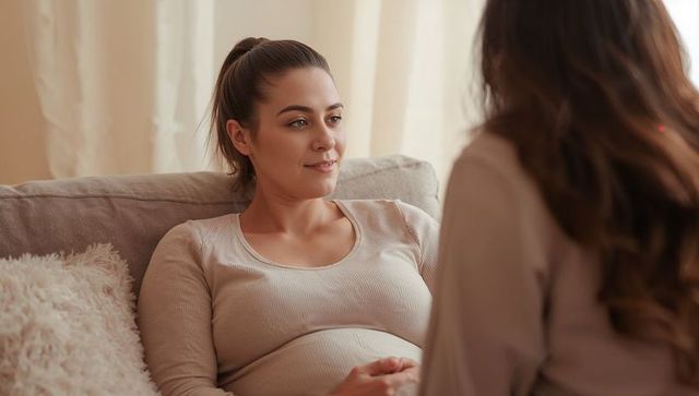 Pregnant woman cradling belly on sofa during intimate soft light home conversation