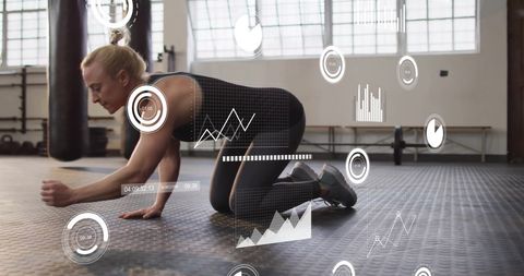 Woman Exercising with Virtual Data Overlay in Gym