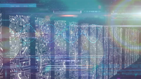 DNA Helix and Data Processing Overlay in Server Room Concept