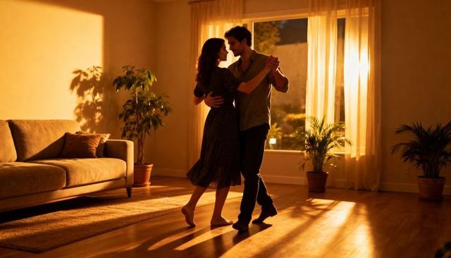 Couple dancing at golden hour in cozy living room barefoot woman twirling