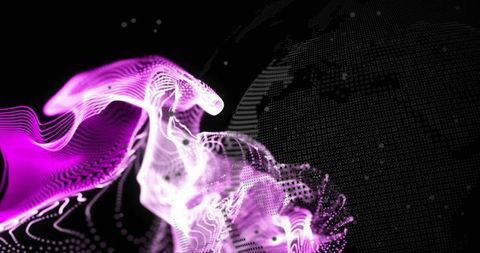 Neon Purple Data Wave Flowing Over Dotted Digital Globe, Futuristic Visualization