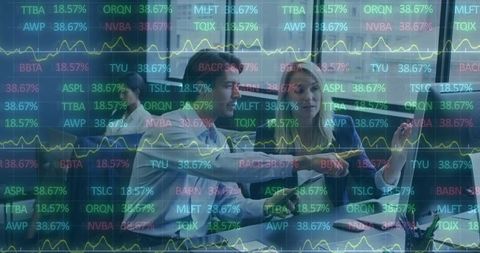 Business Team Collaborating in Modern Conference Room with Stock Data Overlay