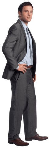 Transparent confident businessman in gray suit facing side