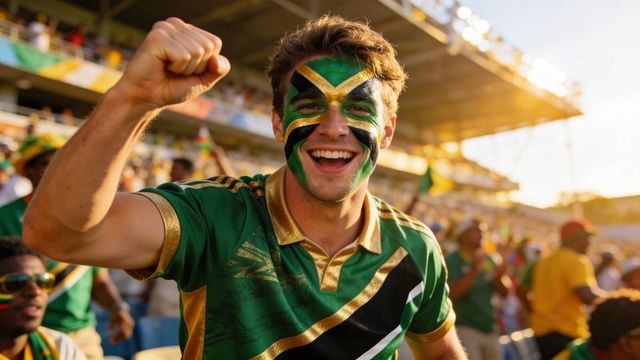 Jamaica fan cheering with flag face paint and green gold jersey in sunlit stadium