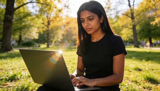 South asian woman working on laptop in sunlit park, typing outdoors for remote study and work