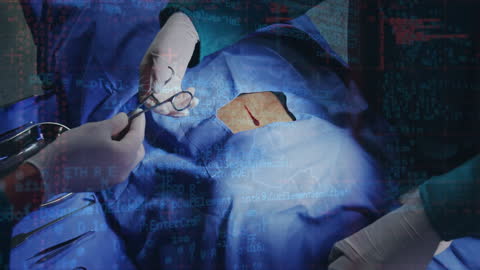 Doctors Performing Surgery with Digital Interface Overlay