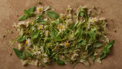 Cinematic slow-motion of chamomile daisies and mint leaves tumbling over warm brown surface