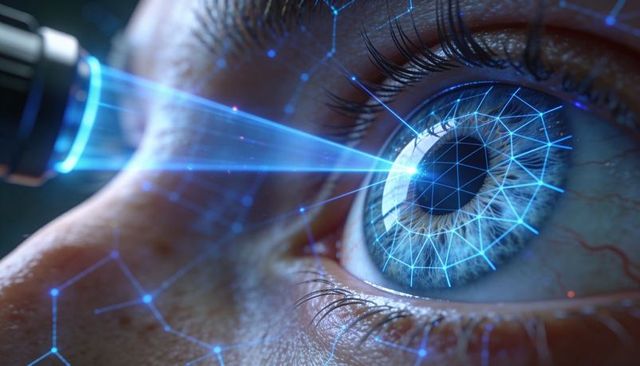 Closeup iris scanning with blue laser mesh for biometric identification and vision technology