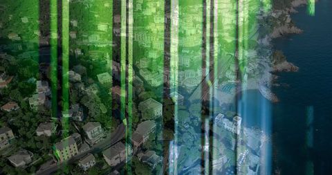 Urban landscape intersecting with digital technology concept