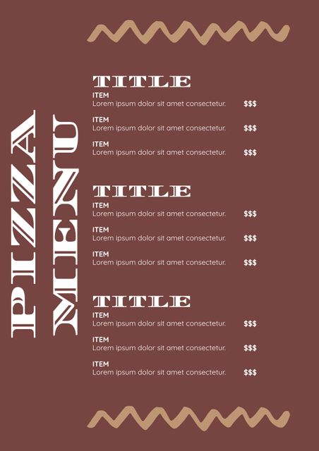 This versatile rustic-modern pizza menu template is ideal for restaurants and eateries. Featuring a stylish and contemporary design, it seamlessly blends traditional and modern elements, making it suitable for various food establishments looking to refresh their menu outlines. Perfect for showcasing pizza varieties with their prices and descriptions in an attractive layout.