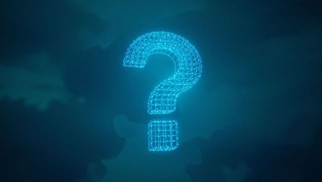 Glowing Digital Wireframe Question Mark in Futuristic Setting