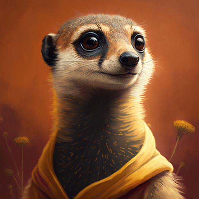 Illustration of a meerkat wearing a yellow scarf with a warm-toned background. Perfect for use in animal-themed projects, children's books, educational materials, or as a playful and eye-catching image for posters and social media content.