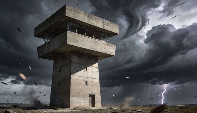 Solitary concrete watchtower standing against swirling storm clouds, lightning striking