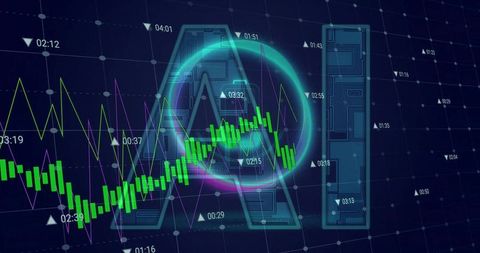 Displaying AI monogram with candlestick trading chart and circuitry overlay