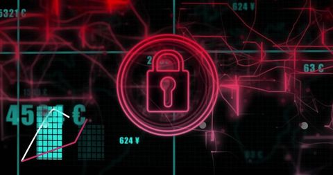 Neon padlock glowing on tech dashboard with teal analytics bars and network grid encryption