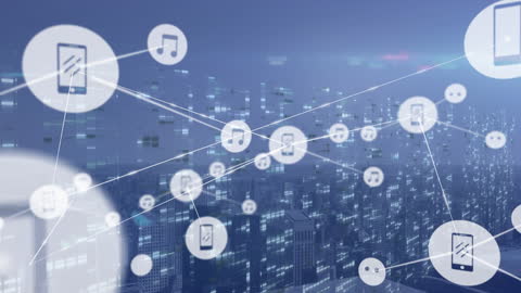 Digital Network with Icons Connecting Across Cityscape