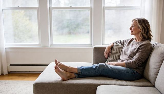 Middle-aged woman relaxing on chaise lounge by window in cozy neutral living room