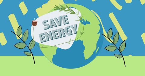 Save Energy Text on Globe with Leaves for Sustainability Concept