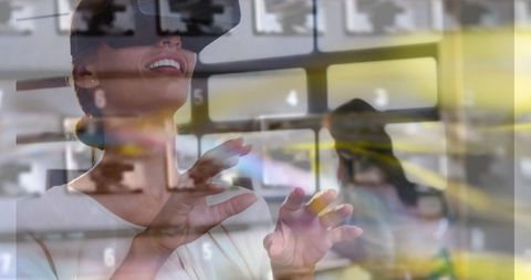 Woman Engaging with Virtual Reality Amidst Digital Interface