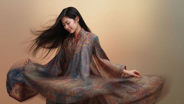 Graceful woman twirling in ornate paisley robe with flowing wide sleeves and motion blur