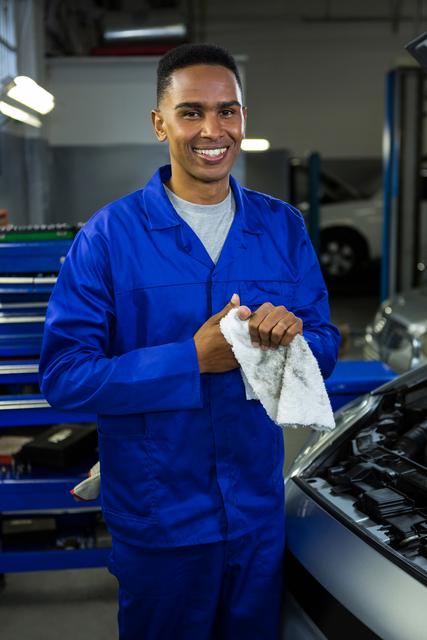 Portrait of happy mechanic wiping his hand in napkin at repair garage