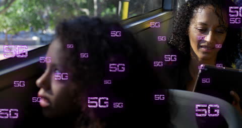 Child on Bus with 5G Technology Concept