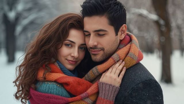 Romantic Couple Embracing in Snow-Covered Park Wearing Knit Scarves