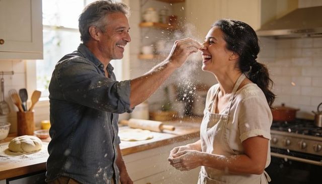Middle-aged couple playfully dusting flour while baking in sunlit kitchen