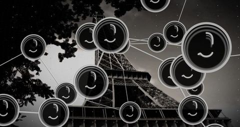 Futuristic Network with Eiffel Tower in Paris Night Sky