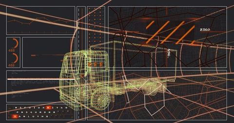 Wireframe truck rotating over futuristic city map with hud interface and route markers