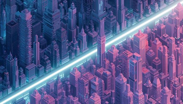 Neon beam cutting through isometric cyberpunk metropolis at twilight, futuristic skyline