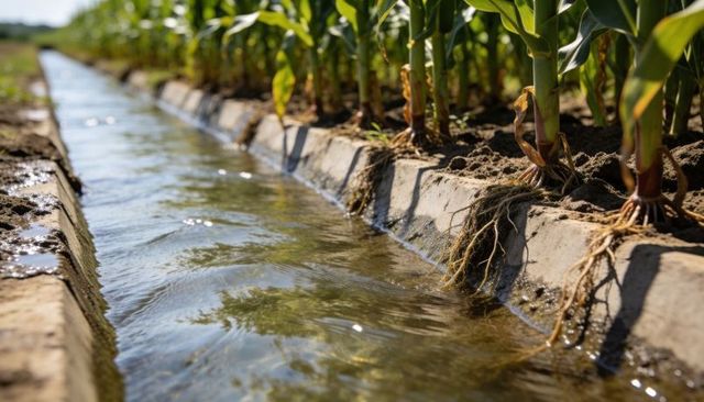 Irrigation channel nourishing corn roots in sunlit furrowed field with flowing water