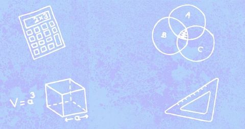 Lavender chalk math doodles featuring calculator cube V=a^3 Venn diagram triangle ruler