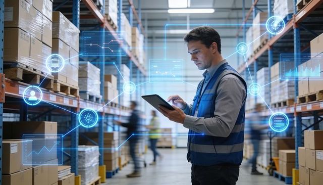 Warehouse manager reviewing tablet with ai logistics dashboard, inventory insights