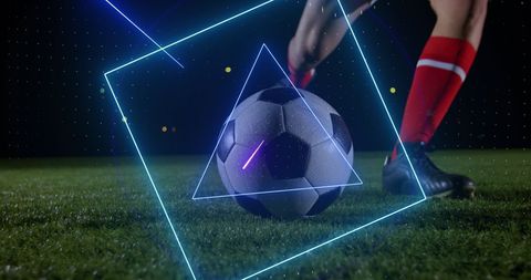 Dynamic Soccer Action with Digital Neon Effects on Field