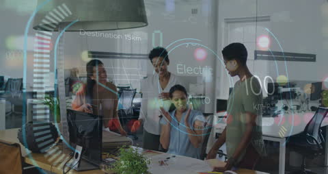 Innovative Team Collaborating with Futuristic Data Overlay in Office