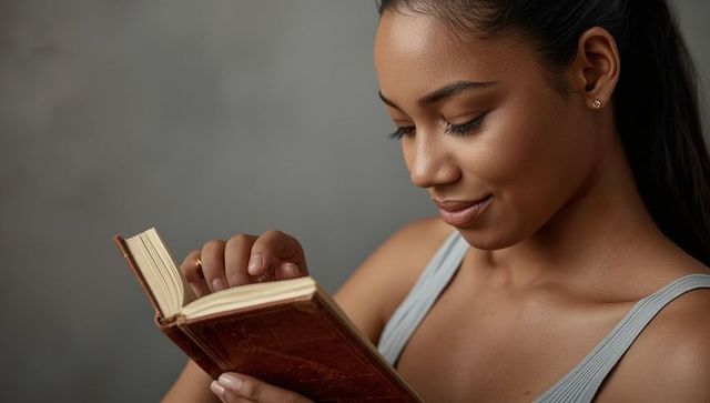 Young Woman Immersed in Reading Vintage Book