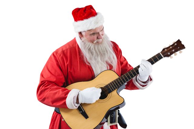 Santa Claus dressed in traditional red suit and hat, playing an acoustic guitar. Ideal for holiday-themed promotions, Christmas cards, festive advertisements, and music-related content. Perfect for conveying a joyful and festive atmosphere.