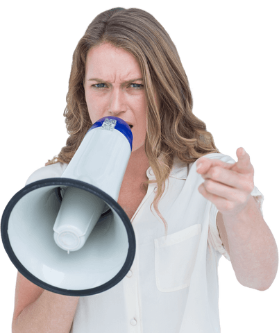 Transparent determined woman using loudspeaker pointing forward