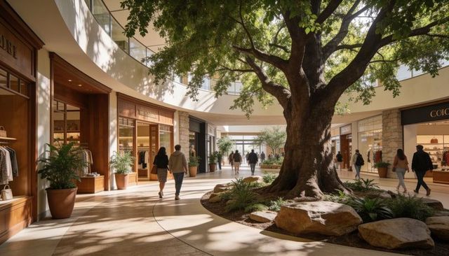 Indoor mall atrium featuring majestic tree casting dappled light and shoppers strolling
