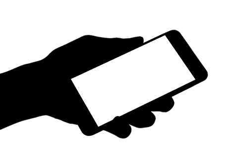 Black hand holding smartphone with blank screen on transparent background