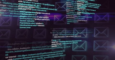 Futuristic Neon Interface with Code and Envelope Icons