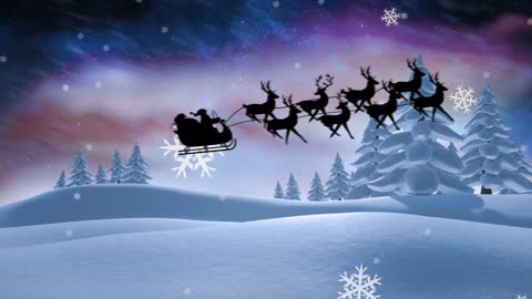 Santa Claus Sleigh and Reindeer in Snowy Winter Wonderland