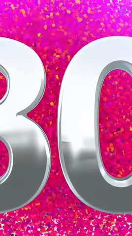 Zooming reveal of chrome 30 shimmering with magenta confetti in vertical video