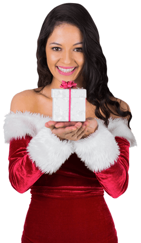 Smiling woman in mrs. Claus outfit holding gift transparent background